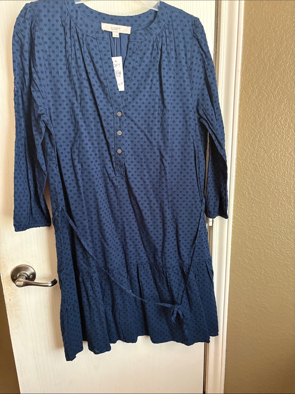 LOFT Navy Dot-Textured Button-Front Casual Dress